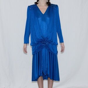 Vintage 80s art deco midi dress blue drop waist size XL/XXL roaman's